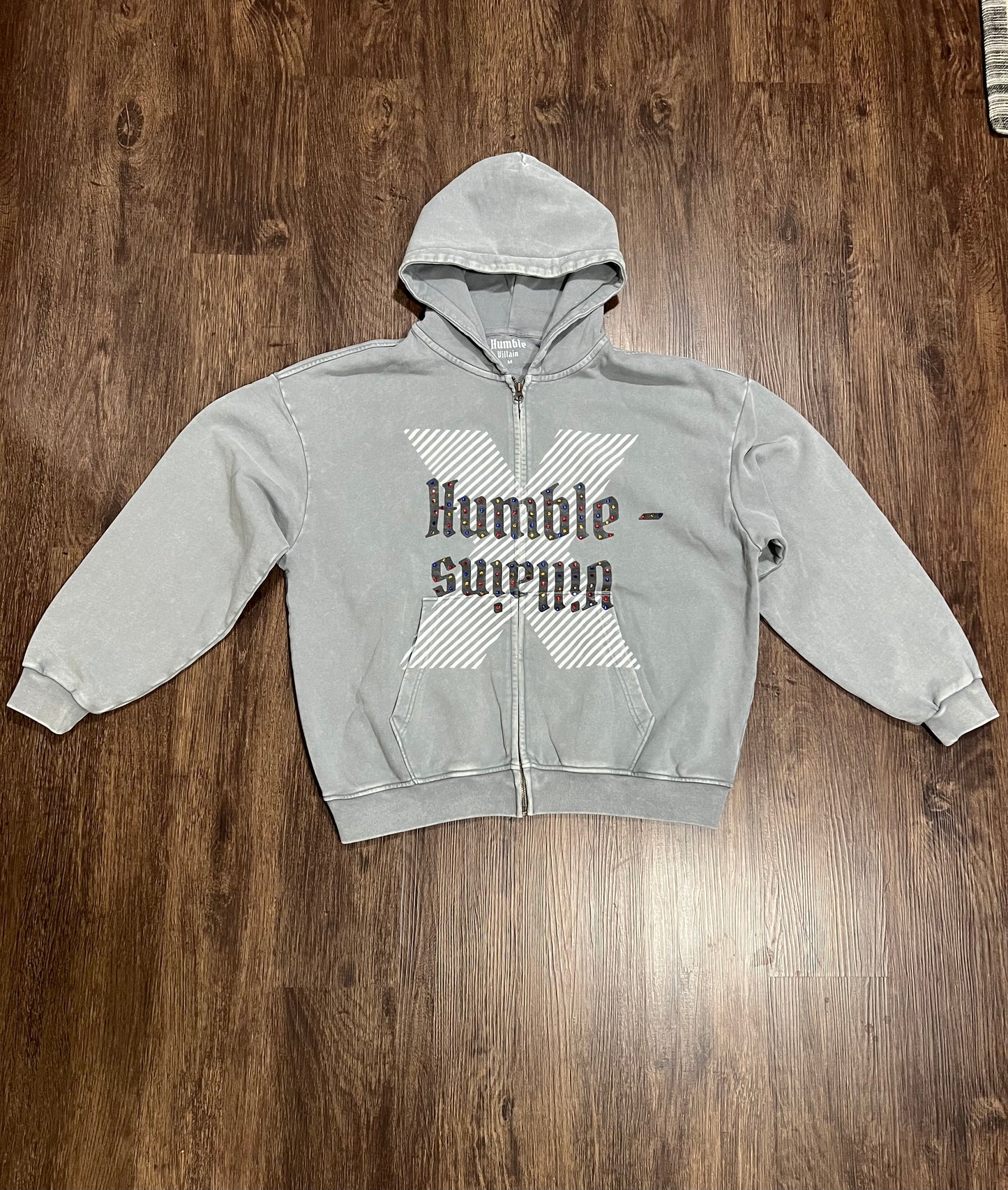 Grey Colored Rhinestone Zip-Up